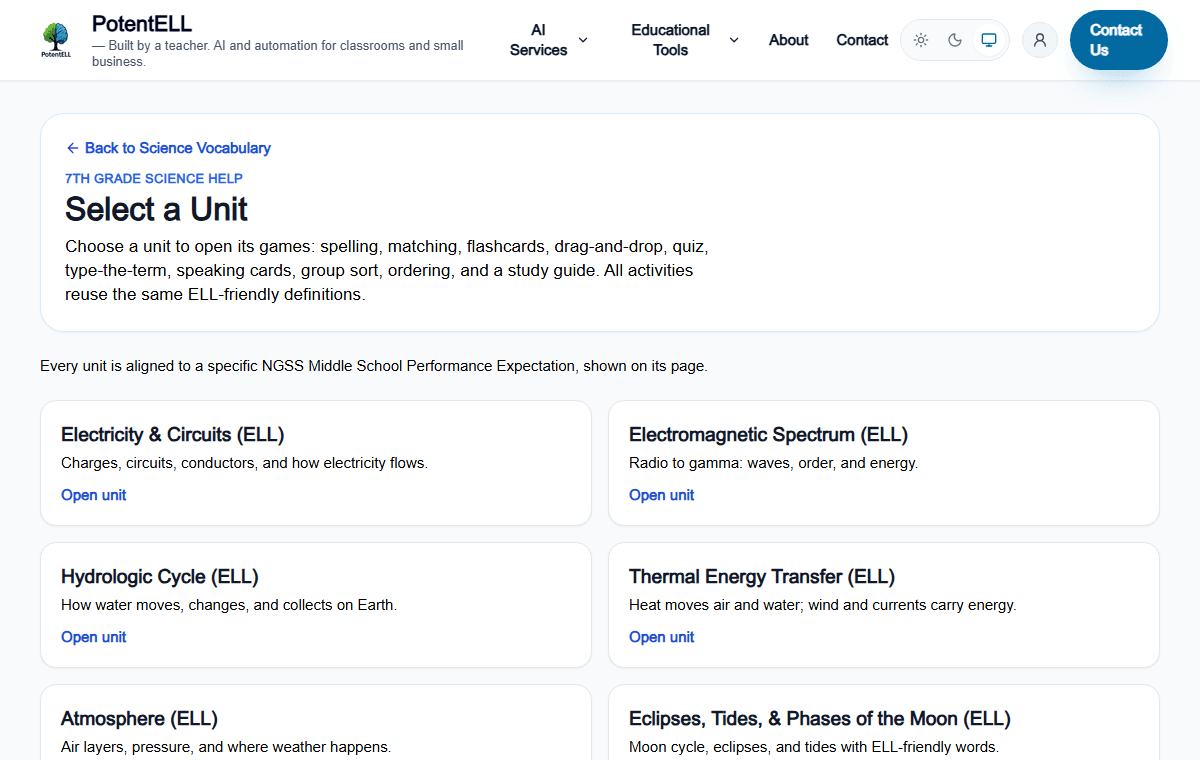 PotentELL science vocabulary unit selector with electricity, electromagnetic spectrum, water cycle, and thermal energy units.
