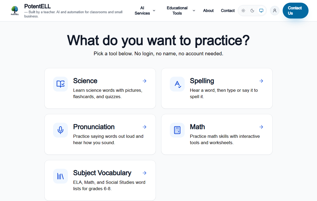 PotentELL student practice page with science, spelling, pronunciation, math, and subject vocabulary choices.