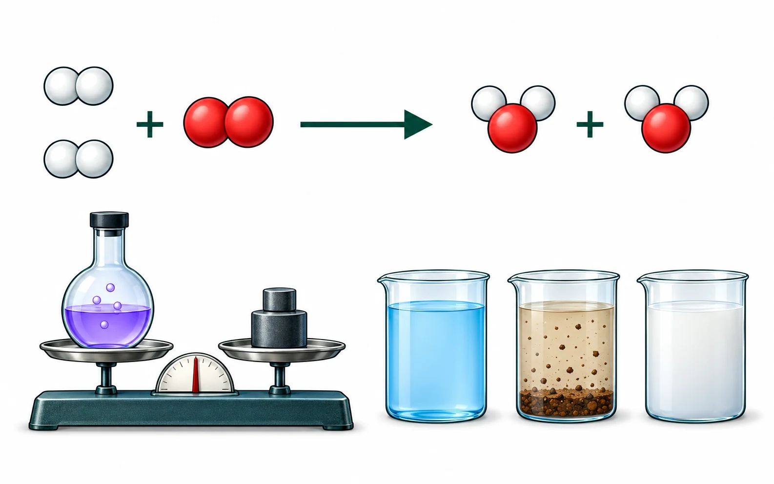 Four small white spheres and two larger red spheres rearrange into two identical three-sphere clusters. Below are a sealed flask on a level balance and clear, sediment-bearing, and milky mixtures.