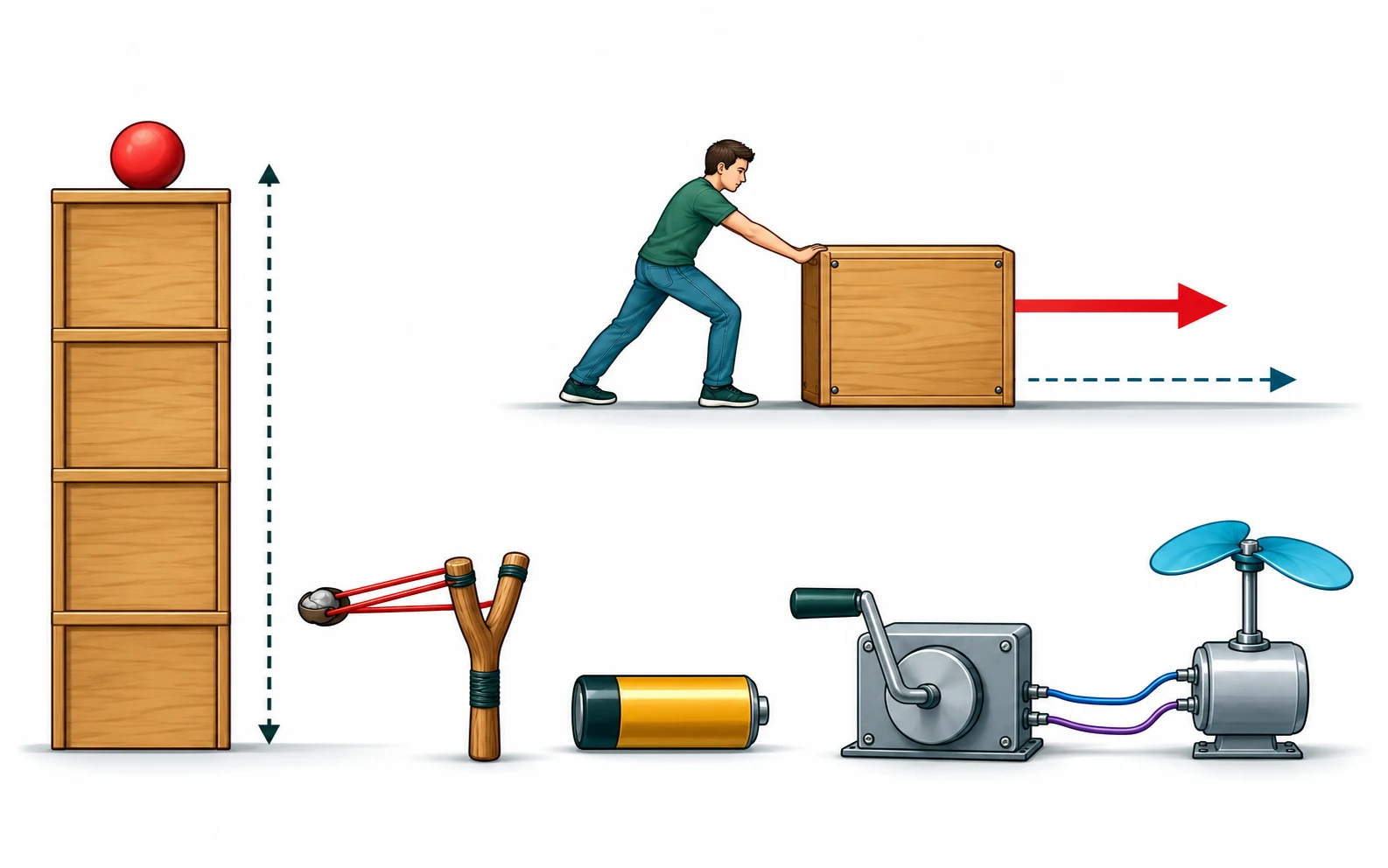 Separate examples show a raised ball, a stretched band holding a pebble, a battery, a crank machine wired to a fan, and a person pushing a box with rightward arrows.