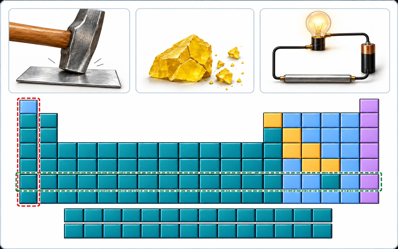 Three examples show a hammer flattening a metal sheet, a cracked yellow specimen, and a lit circuit with a metal rod. Below is an element table with property regions and column and row guides.