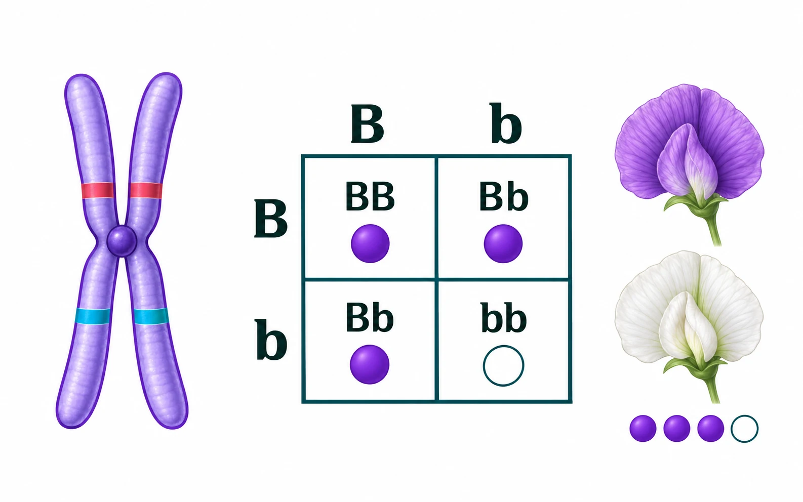 A duplicated purple X-shaped structure has matching colored bands on both halves. Beside it a two-by-two letter chart and purple and white pea flowers illustrate one inheritance example.