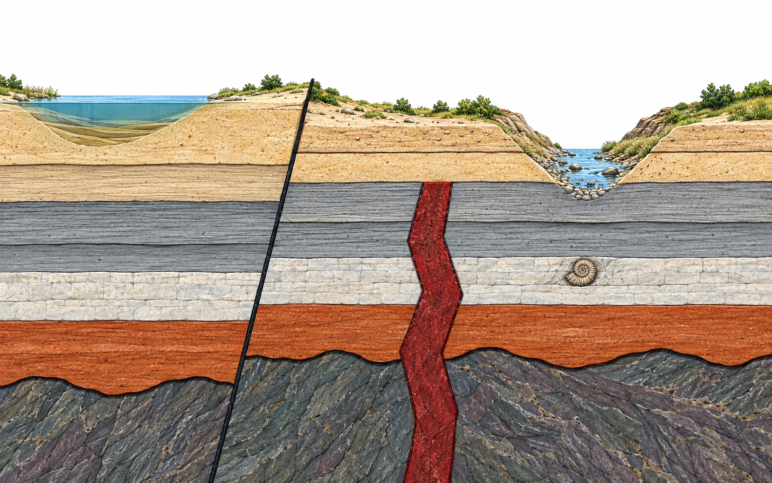 A landscape cross section shows displaced beds, a solid red band cutting older beds, an embedded spiral fossil, a wavy buried boundary, a lake, and a stream-cut valley.