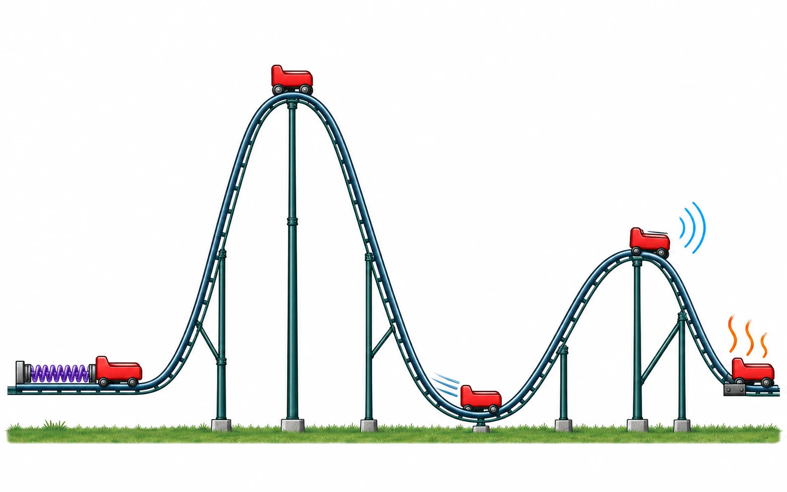 Repeated red carts show successive positions on a supported track: beside a spring, atop a high hill, in a low valley, by curved sound marks, and at a brake with rising heat marks.