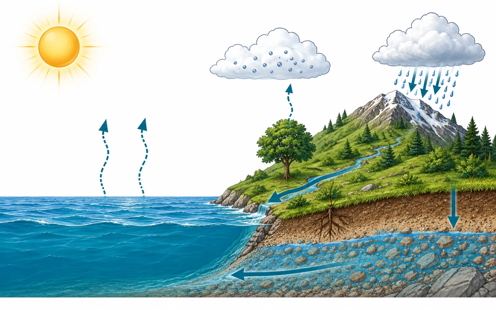 A landscape cross section with an ocean, a wooded mountain, clouds, rain, a stream, wet soil spaces, and arrows showing water moving among them.